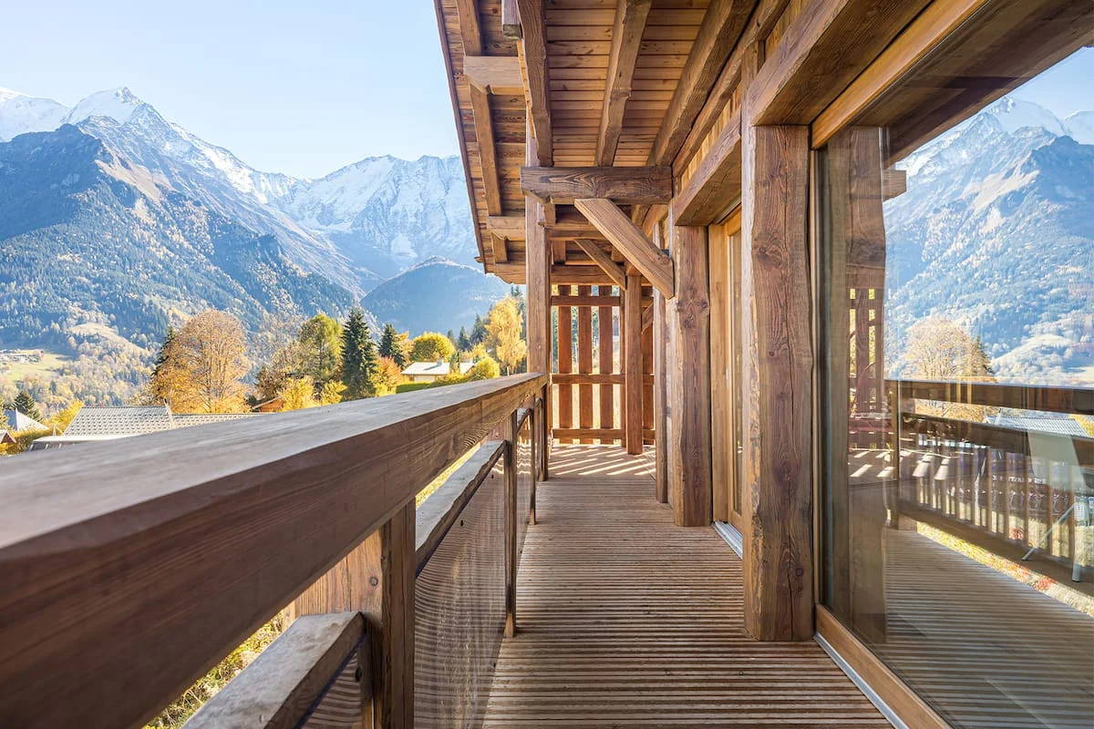 Mountain views from the chalet's timber balcony.
